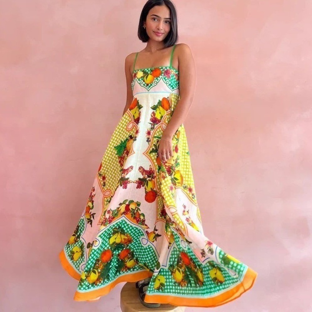 ALÉMAIS Alemais Lemonis Sundress Citrus Print Linen Midi Dress Size 12 - Picture 2 of 12
